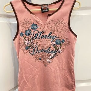 Vintage Rhinestone Harley Davidson Top in light Pink w Brown lining.